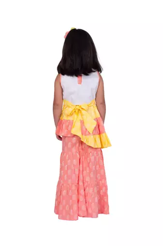 Twisha white & coral sleeveless asymmetric rayon embroidered top with sharara