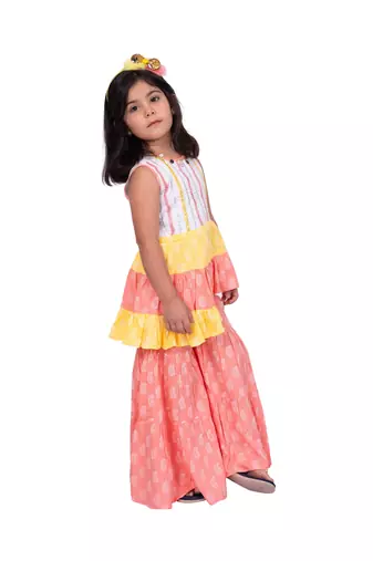 Twisha white & coral sleeveless asymmetric rayon embroidered top with sharara