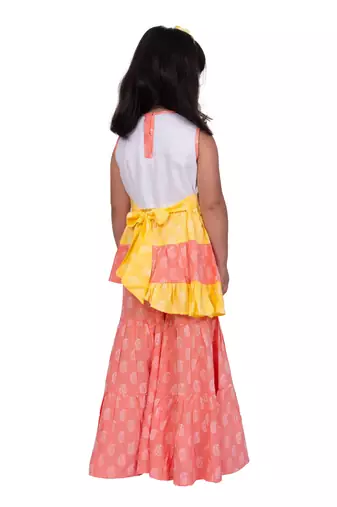 Twisha white & coral sleeveless asymmetric rayon embroidered top with sharara