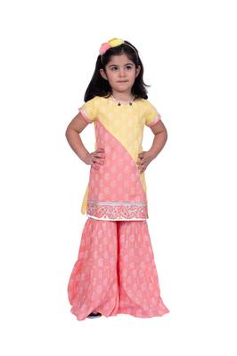 Twisha yellow & coral sleeveless colour blocked rayon printed top with sharara 1
