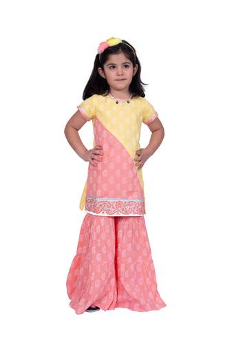 Twisha yellow & coral sleeveless colour blocked rayon printed top with sharara