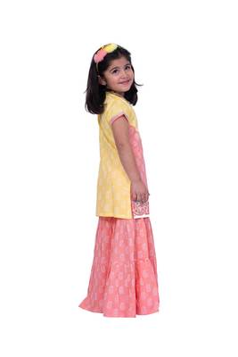 Twisha yellow & coral sleeveless colour blocked rayon printed top with sharara 2