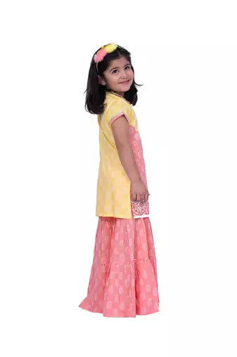 Twisha yellow & coral sleeveless colour blocked rayon printed top with sharara