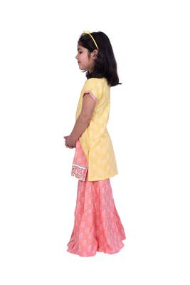 Twisha yellow & coral sleeveless colour blocked rayon printed top with sharara 3