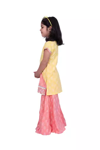 Twisha yellow & coral sleeveless colour blocked rayon printed top with sharara