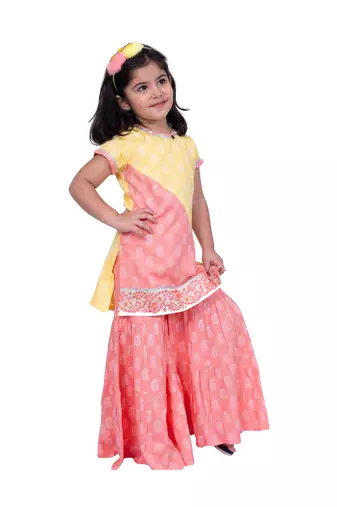 Twisha yellow & coral sleeveless colour blocked rayon printed top with sharara
