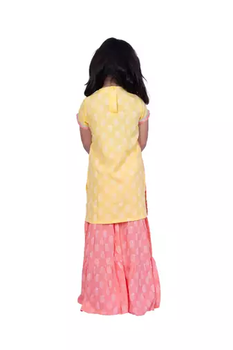 Twisha yellow & coral sleeveless colour blocked rayon printed top with sharara