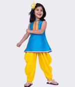 Twisha sky blue & yellow sleeveless aline polyester kurta and dhoti