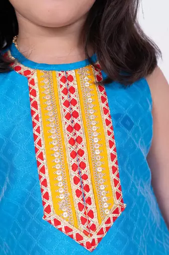 Twisha sky blue & yellow sleeveless aline polyester kurta and dhoti