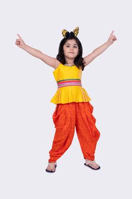 Twisha yellow & orange sleeveless strappy pleated polyester peplum top & dhoti 1