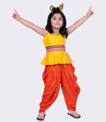 Twisha yellow & orange sleeveless strappy pleated polyester peplum top & dhoti