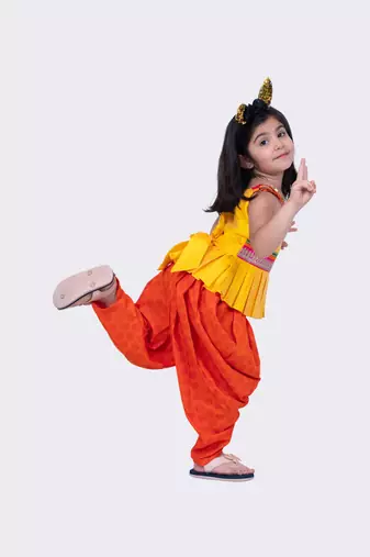 Twisha yellow & orange sleeveless strappy pleated polyester peplum top & dhoti