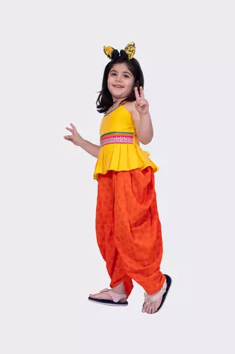 Twisha yellow & orange sleeveless strappy pleated polyester peplum top & dhoti
