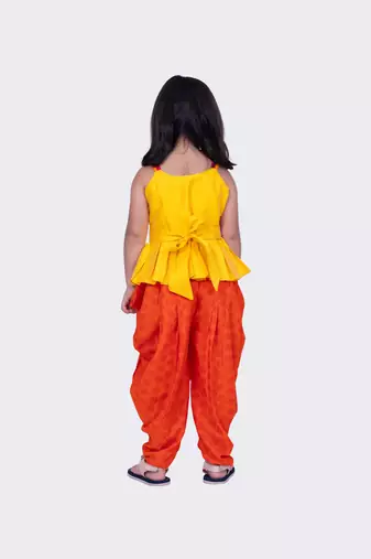 Twisha yellow & orange sleeveless strappy pleated polyester peplum top & dhoti