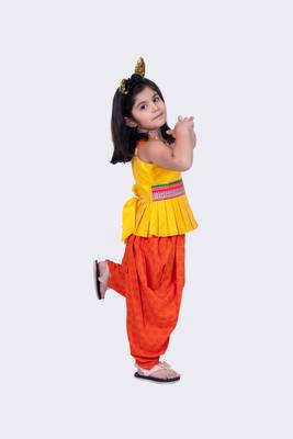 Twisha yellow & orange sleeveless strappy pleated polyester peplum top & dhoti 5