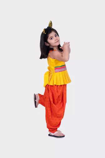 Twisha yellow & orange sleeveless strappy pleated polyester peplum top & dhoti