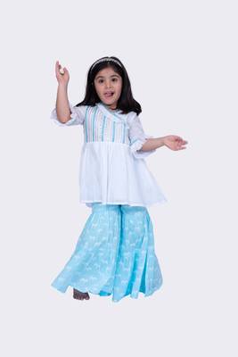 Twisha white & blue 3/4 sleeves embroidered frilled top with sharara 1