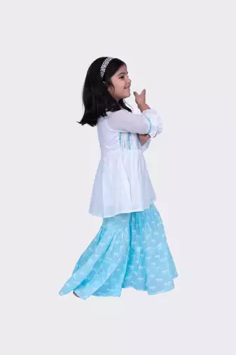 Twisha white & blue 3/4 sleeves embroidered frilled top with sharara