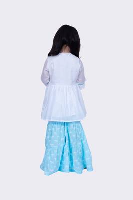 Twisha white & blue 3/4 sleeves embroidered frilled top with sharara 3