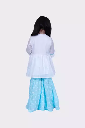 Twisha white & blue 3/4 sleeves embroidered frilled top with sharara