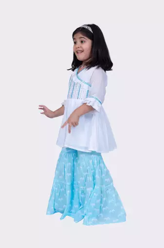 Twisha white & blue 3/4 sleeves embroidered frilled top with sharara