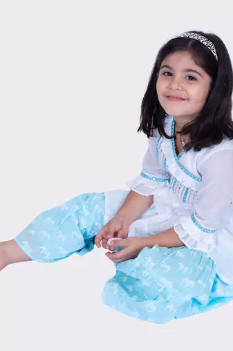 Twisha white & blue 3/4 sleeves embroidered frilled top with sharara