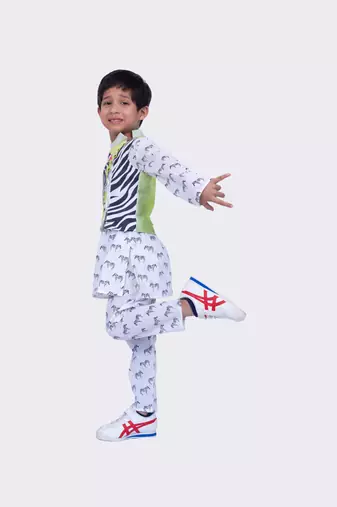 Twisha full sleeves zebra printed kurta churidar and jacket -white & lime green