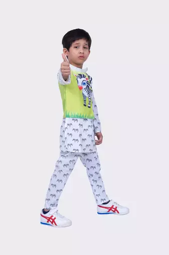 Twisha full sleeves zebra printed kurta churidar and jacket -white & lime green