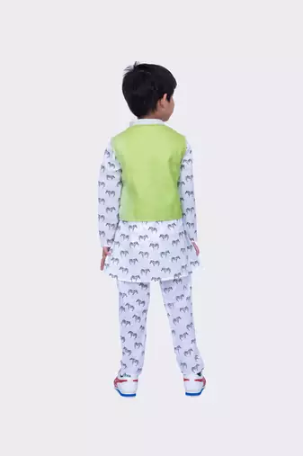 Twisha full sleeves zebra printed kurta churidar and jacket -white & lime green