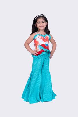 Twisha red & seagreen sleeveless strappy frilled multi coloured top with sharara 1