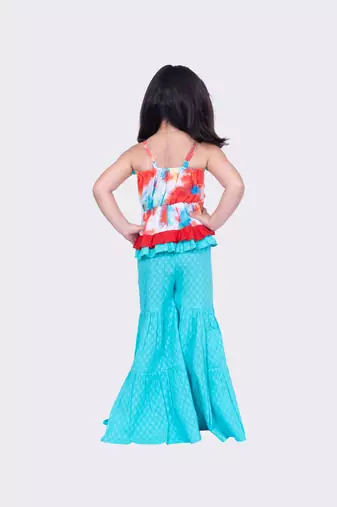 Twisha red & seagreen sleeveless strappy frilled multi coloured top with sharara