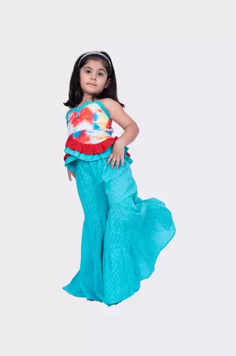 Twisha red & seagreen sleeveless strappy frilled multi coloured top with sharara