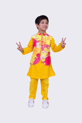 Twisha full sleeves cotton jacquard kurta and pyjama & jacket - multicolour 1
