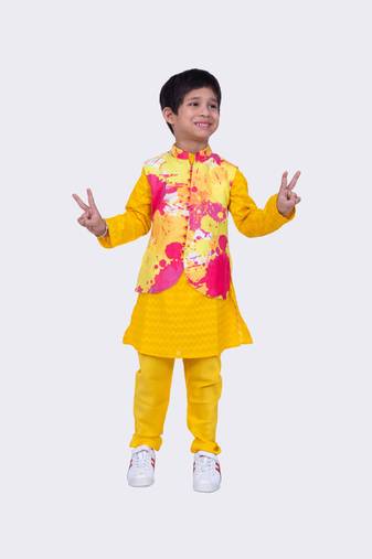 Twisha full sleeves cotton jacquard kurta and pyjama & jacket - multicolour