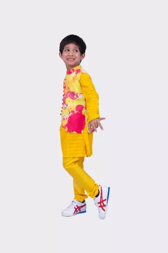 Twisha full sleeves cotton jacquard kurta and pyjama & jacket - multicolour