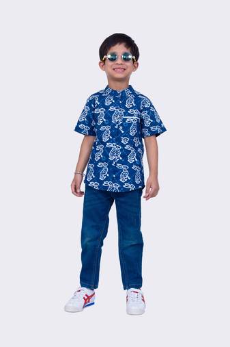 Twisha indigo half sleeve rabbit printed cotton shirt