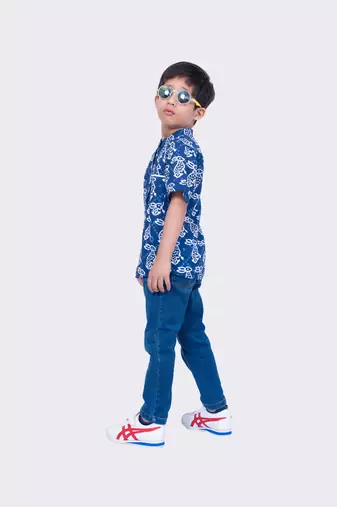 Twisha indigo half sleeve rabbit printed cotton shirt