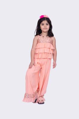Twisha peach sleeveless strappy georgette sequined frilled top & palazzo   1