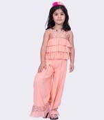 Twisha peach sleeveless strappy georgette sequined frilled top & palazzo  