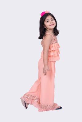 Twisha peach sleeveless strappy georgette sequined frilled top & palazzo   2
