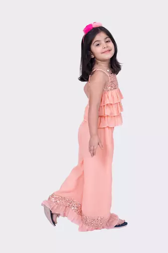 Twisha peach sleeveless strappy georgette sequined frilled top & palazzo  