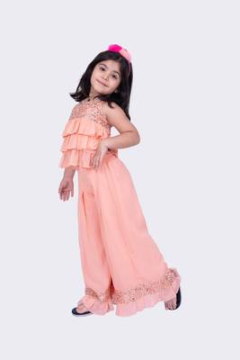 Twisha peach sleeveless strappy georgette sequined frilled top & palazzo   3