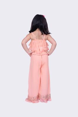 Twisha peach sleeveless strappy georgette sequined frilled top & palazzo   4