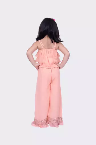 Twisha peach sleeveless strappy georgette sequined frilled top & palazzo  