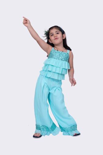 Twisha sea green sleeveless strappy georgette sequined frilled top and palazzo