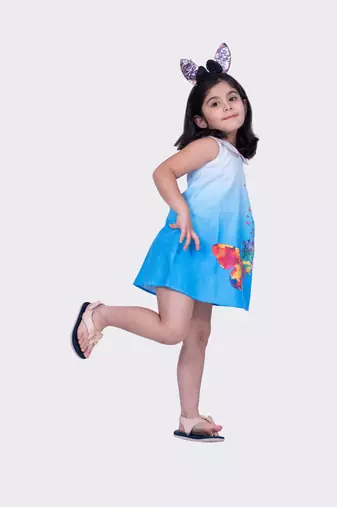 Twisha blue sleeveless sweet slub butterfly printed dress