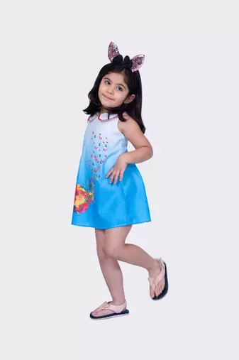 Twisha blue sleeveless sweet slub butterfly printed dress