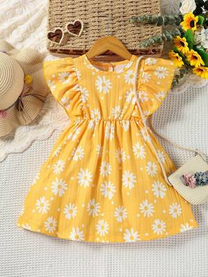 Yellow color printed cotton blend fit&flared style dresses 1