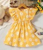 Yellow color printed cotton blend fit&flared style dresses