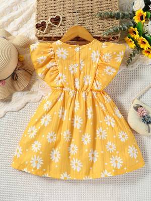Yellow color printed cotton blend fit&flared style dresses 2